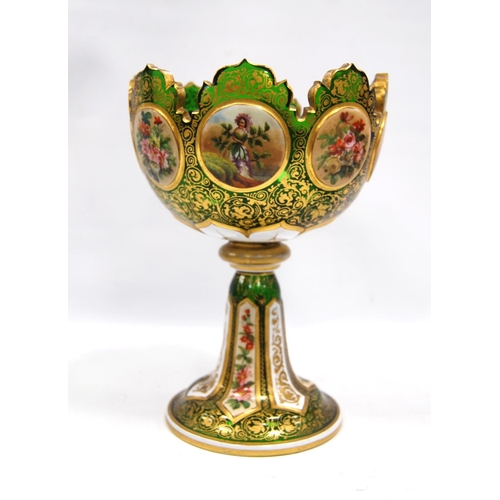 198 - Victorian green glass vase with shaped rim over painted panels and gilt floral decoration, 20cm high... 