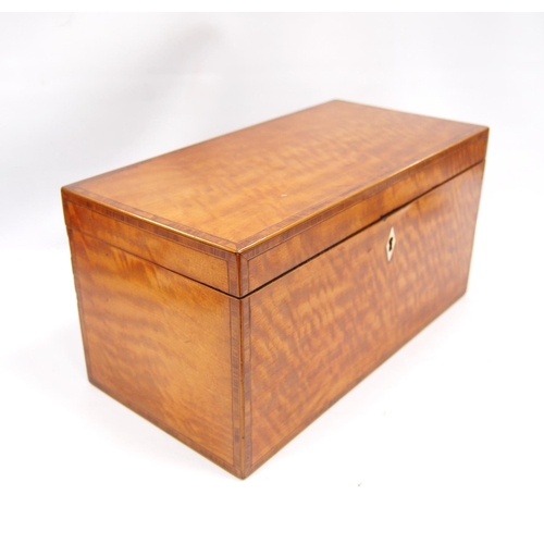 199 - 19th century satinwood tea caddy of rectangular form with crossbanding, enclosing a fitted interior,... 