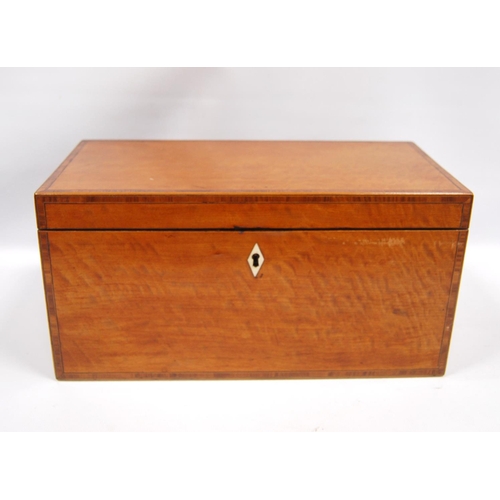 199 - 19th century satinwood tea caddy of rectangular form with crossbanding, enclosing a fitted interior,... 