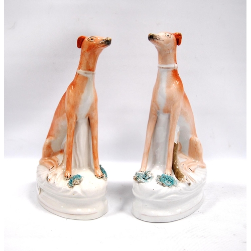 203 - Pair of Staffordshire seated greyhounds, each with a hare at their feet, 21.5cm high.