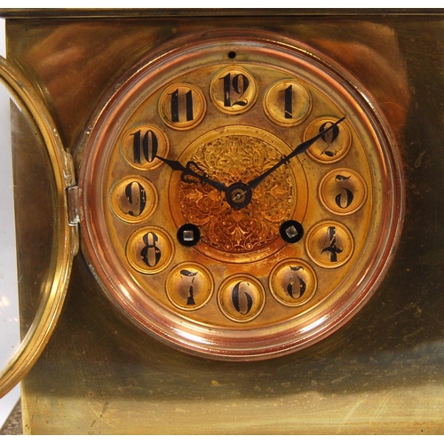 204 - Late 19th century brass mantel clock with stepped cornice over circular face, Arabic numerals, flora... 