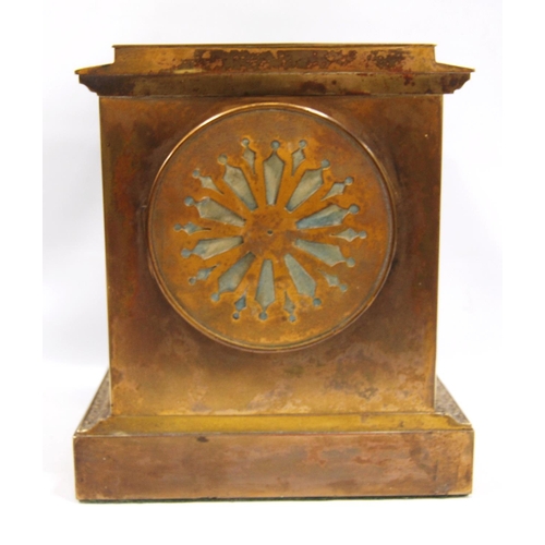 204 - Late 19th century brass mantel clock with stepped cornice over circular face, Arabic numerals, flora... 