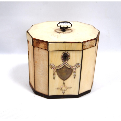 209 - George III decagonal ivory tea caddy with applied cartouche and mother of pearl swags, including a B... 