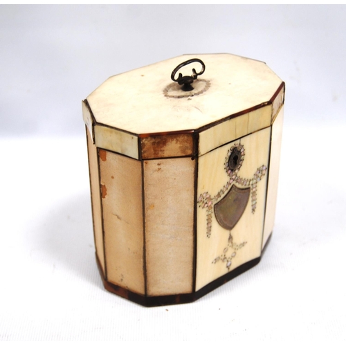 209 - George III decagonal ivory tea caddy with applied cartouche and mother of pearl swags, including a B... 