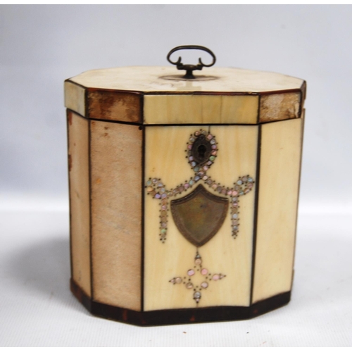 209 - George III decagonal ivory tea caddy with applied cartouche and mother of pearl swags, including a B... 