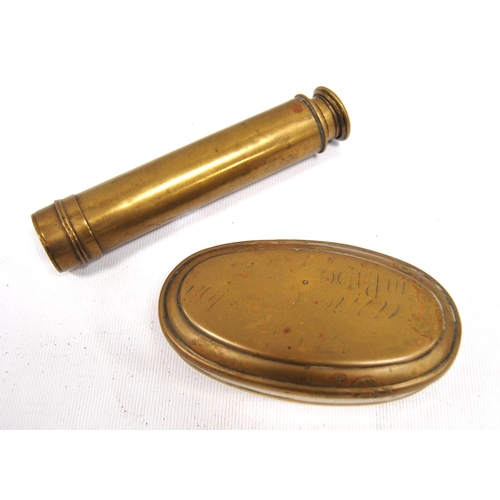 211 - Brass snuff mull of oval formed engraved '...in Ripon 1715 to Samuell Willson in Dumfreis', also a b... 