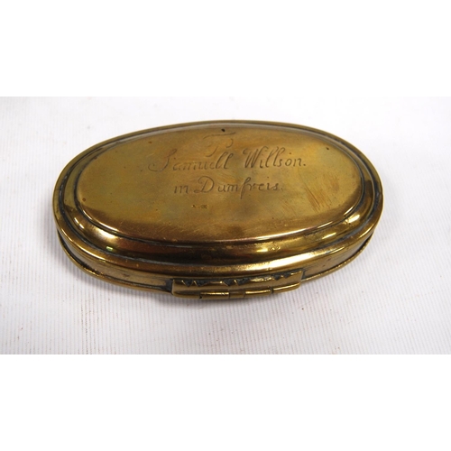 211 - Brass snuff mull of oval formed engraved '...in Ripon 1715 to Samuell Willson in Dumfreis', also a b... 