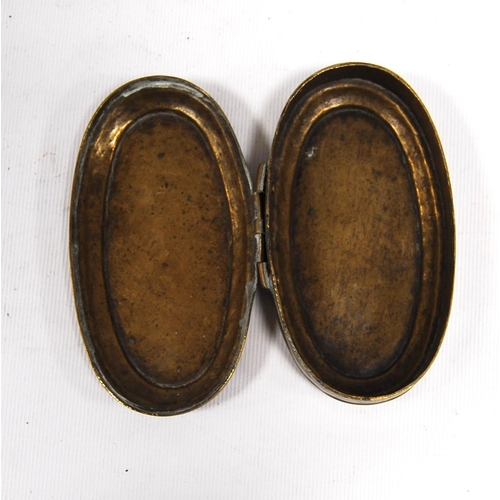 211 - Brass snuff mull of oval formed engraved '...in Ripon 1715 to Samuell Willson in Dumfreis', also a b... 