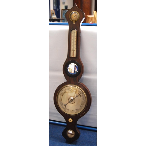 219 - 19th century rosewood banjo barometer with dials, trunk thermometer and mirror, 95cm high.