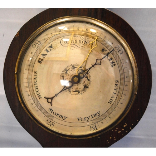 219 - 19th century rosewood banjo barometer with dials, trunk thermometer and mirror, 95cm high.