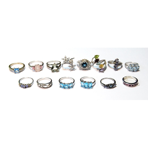 30 - Fourteen silver gem rings, various.