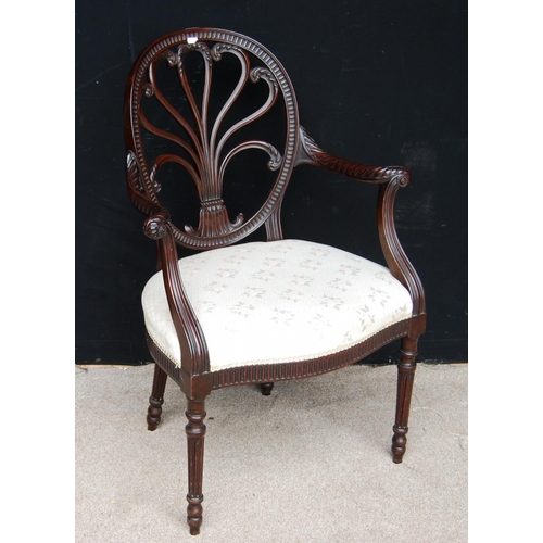 345 - Hepplewhite style open armchair, the fleur-de-lys oval back over scroll arms, stuff-over seat, flute... 