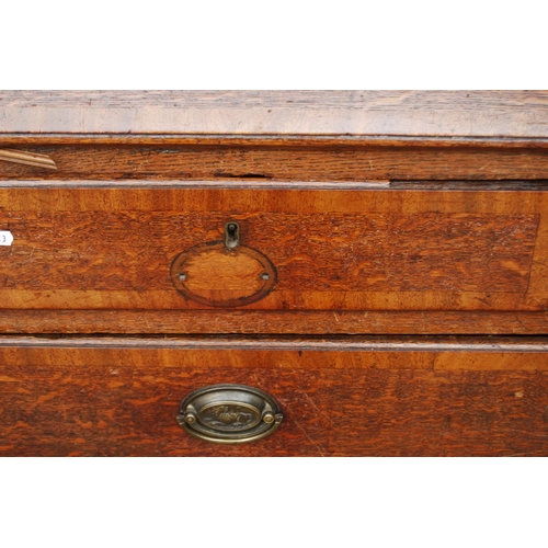 349 - George III oak bureau bookcase, the projected moulded cornice over shell inlaid panelled doors flank... 