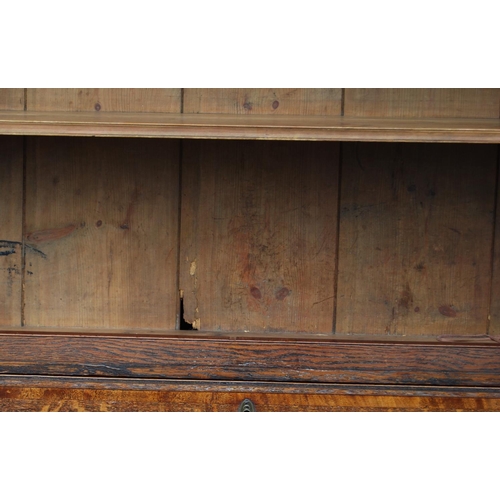 349 - George III oak bureau bookcase, the projected moulded cornice over shell inlaid panelled doors flank... 