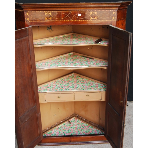 351 - Georgian mahogany and oak corner cupboard, the projected moulded cornice over floral frieze and pane... 