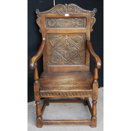 352 - Pair of 19th century carved oak armchairs, each with acanthus serpentine pediment over panelled back... 