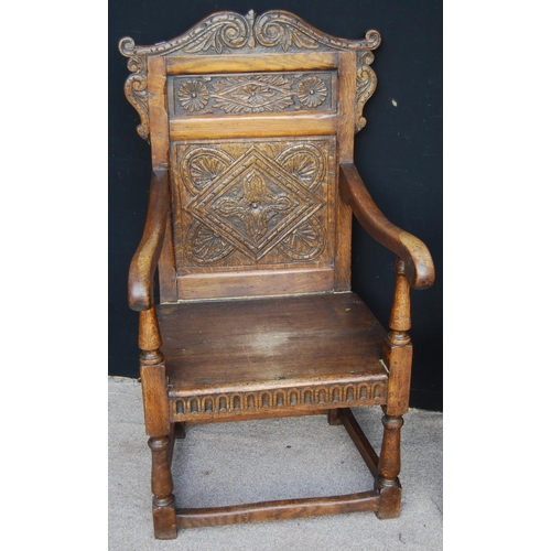 352 - Pair of 19th century carved oak armchairs, each with acanthus serpentine pediment over panelled back... 