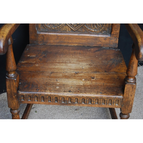 352 - Pair of 19th century carved oak armchairs, each with acanthus serpentine pediment over panelled back... 