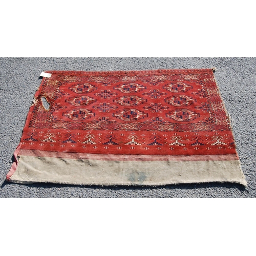 354 - Afghan rug with three rows of three guls and stars over red ground and border, 150cm x 107cm.