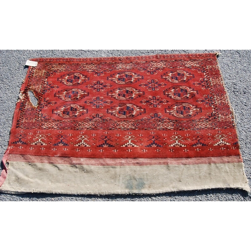 354 - Afghan rug with three rows of three guls and stars over red ground and border, 150cm x 107cm.