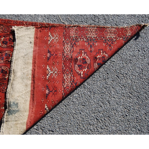 354 - Afghan rug with three rows of three guls and stars over red ground and border, 150cm x 107cm.