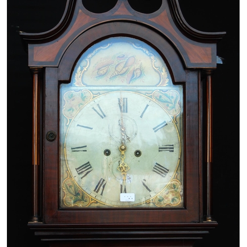 362 - 19th century mahogany longcase clock mounted by swan neck pediment, painted arch face, Roman numeral... 