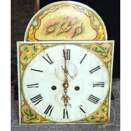 362 - 19th century mahogany longcase clock mounted by swan neck pediment, painted arch face, Roman numeral... 