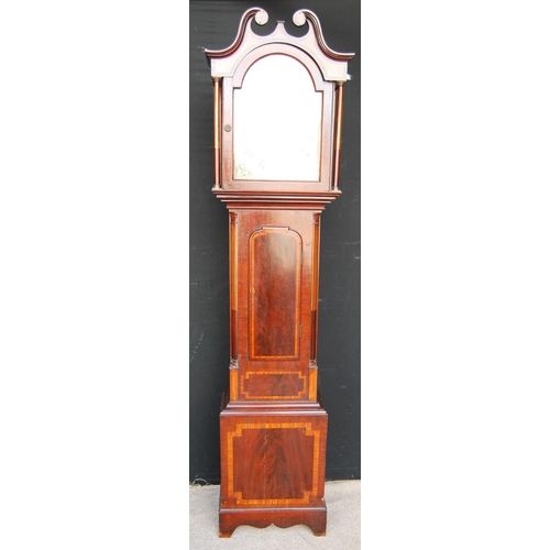 362 - 19th century mahogany longcase clock mounted by swan neck pediment, painted arch face, Roman numeral... 