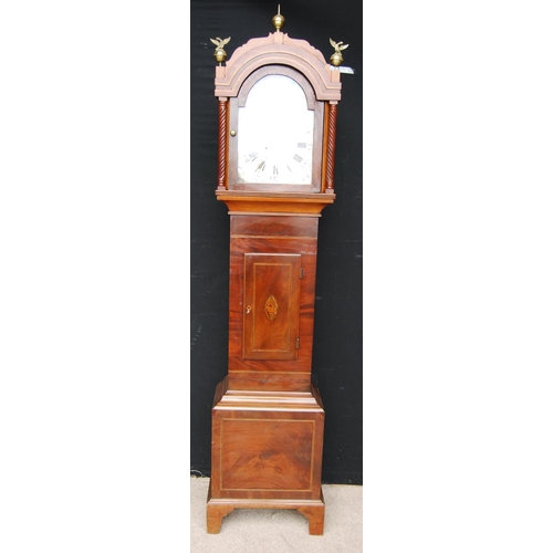 363 - Regency mahogany and inlaid longcase clock by Bagnall, Gloucester, the arched hood mounted by finial... 