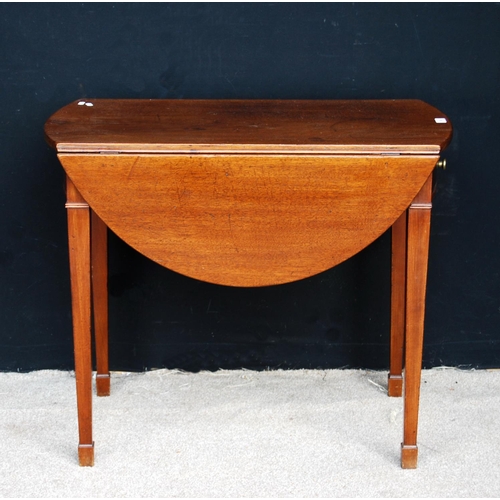 365 - Mahogany Pembroke table, the oval drop flap top over frieze drawer, raised on square tapering legs t... 