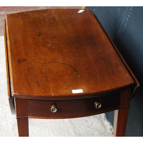 365 - Mahogany Pembroke table, the oval drop flap top over frieze drawer, raised on square tapering legs t... 