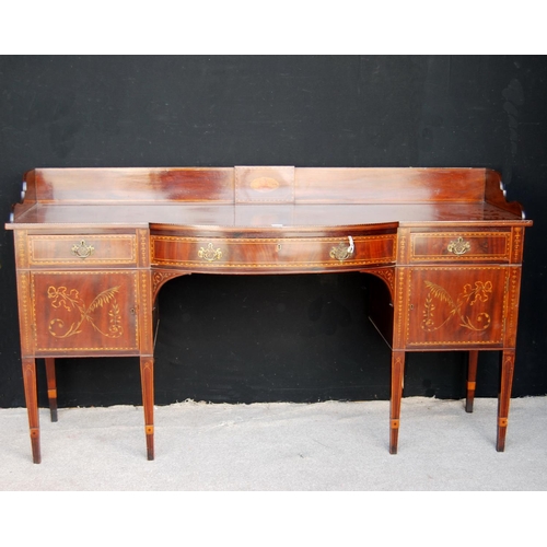 370 - Mahogany and inlaid sideboard, the three-quarter gallery over crossbanded and herringbone top over f... 