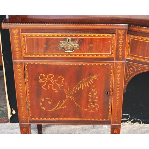 370 - Mahogany and inlaid sideboard, the three-quarter gallery over crossbanded and herringbone top over f... 