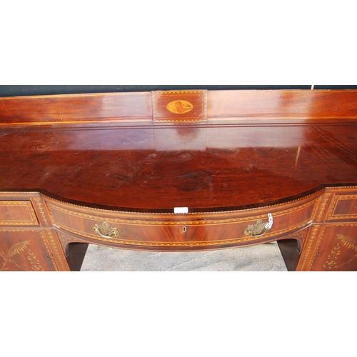 370 - Mahogany and inlaid sideboard, the three-quarter gallery over crossbanded and herringbone top over f... 