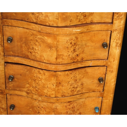 376 - Pair of burr wood serpentine chests, each with moulded top over seven drawers flanked by ormolu moun... 