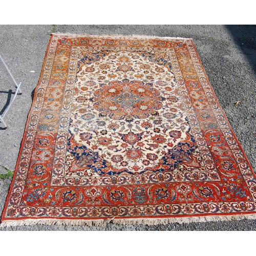 395 - Persian rug with central medallion, all over floral design, cream ground, spandrels and triple borde... 