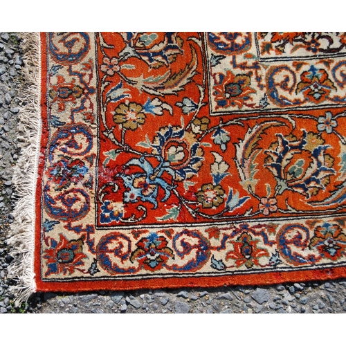 395 - Persian rug with central medallion, all over floral design, cream ground, spandrels and triple borde... 