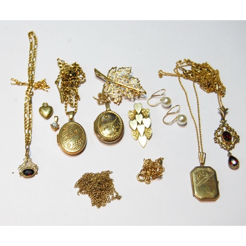 40 - Gold leaf brooch, three lockets with necklets and various other items, mostly 9ct gold, 24g.