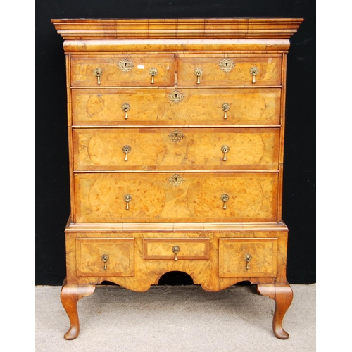 400 - Queen Anne style walnut tallboy, the inlaid rectangular top and stepped cornice over two short and t... 