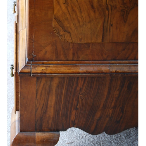 400 - Queen Anne style walnut tallboy, the inlaid rectangular top and stepped cornice over two short and t... 