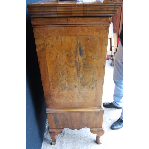 400 - Queen Anne style walnut tallboy, the inlaid rectangular top and stepped cornice over two short and t... 