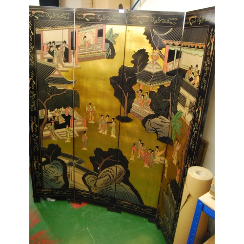 401 - Oriental four-fold lacquered screen depicting young ladies about their day, 160cm wide and 183cm hig... 