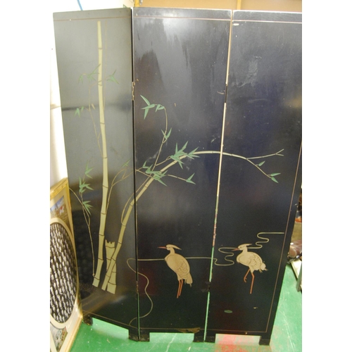 401 - Oriental four-fold lacquered screen depicting young ladies about their day, 160cm wide and 183cm hig... 