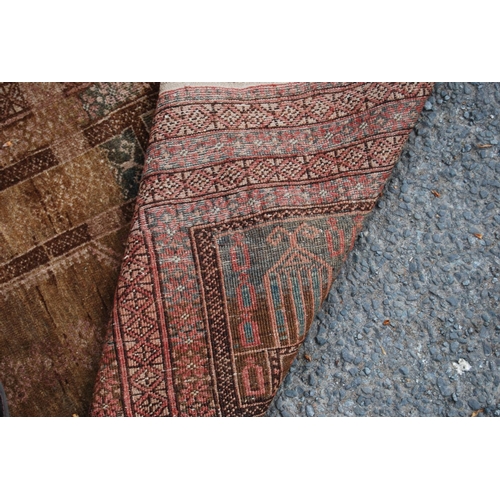 402 - Prayer mat with triple mihrab panel over mihrab, group border, faded red ground, 137cm x 68cm.