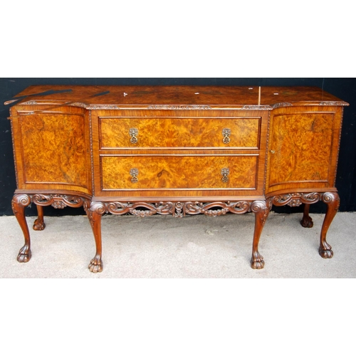 408 - Fine burr walnut dining suite comprising of a Queen Anne style dining table including additional lea... 