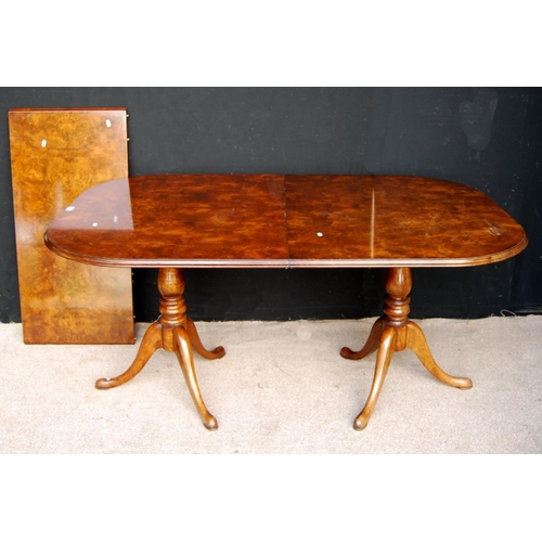 408 - Fine burr walnut dining suite comprising of a Queen Anne style dining table including additional lea... 