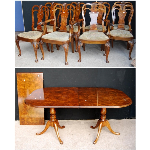 408 - Fine burr walnut dining suite comprising of a Queen Anne style dining table including additional lea... 