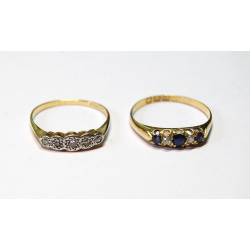 44 - Gold ring with three sapphires and two diamonds, 1894, and a five-stone diamond ring, sizes S and P½... 