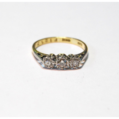 45 - Diamond three-stone ring '18ct Plat' illusion-set, size Q½, 3g.