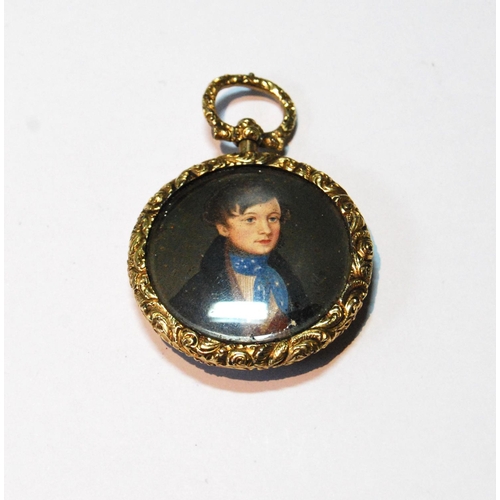 51 - Early 19th century miniature portrait of a young man with blue cravat, in contemporary pendant mount... 